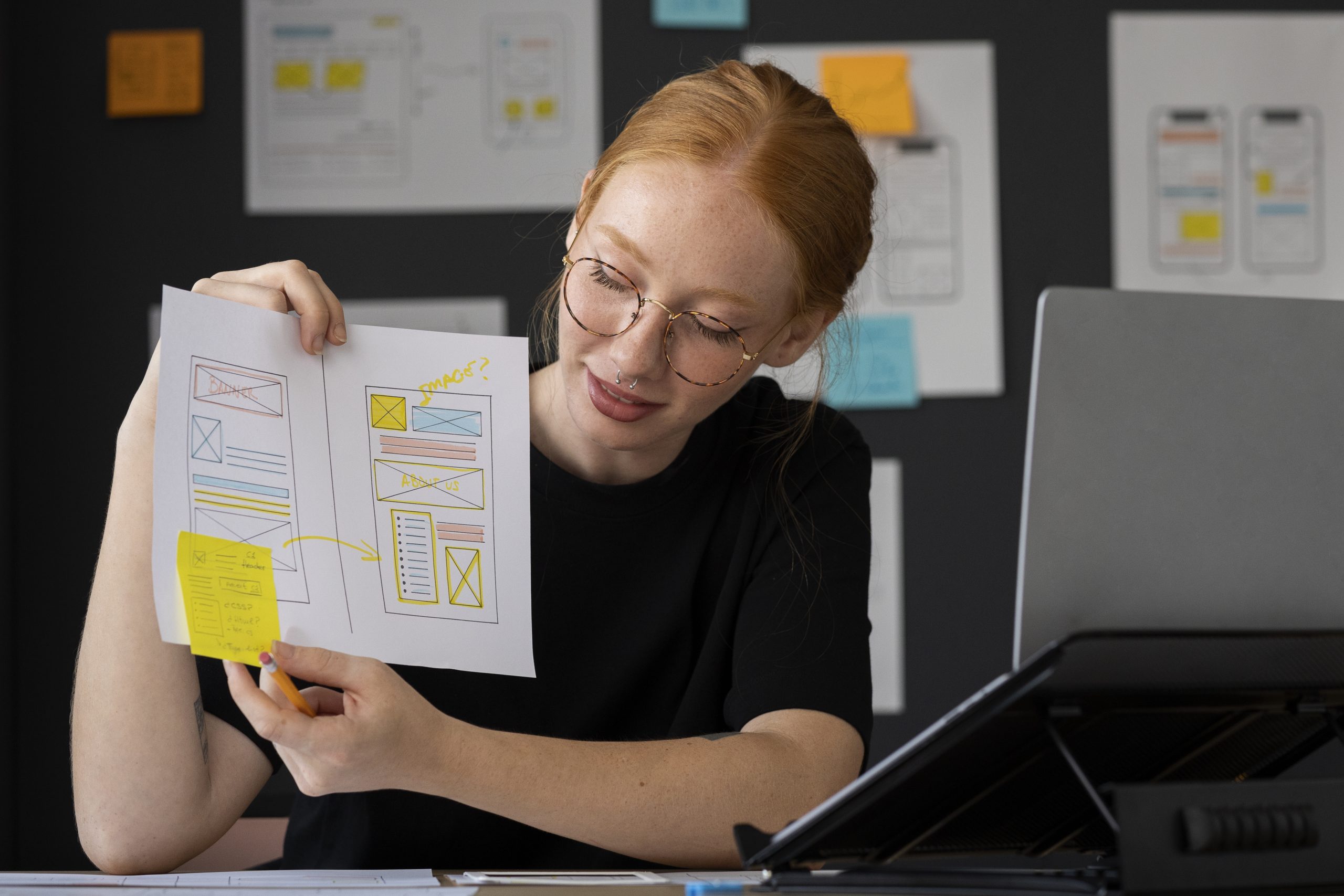 concepteur-de-sites-web-feminin-avec-des-papiers-et-des-notes-au-bureau